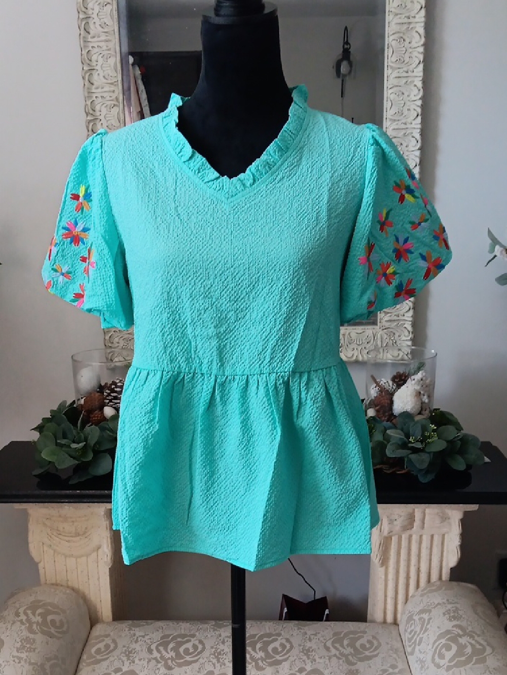 Turquoise Embroidered Puff Sleeve Peplum Top - Women